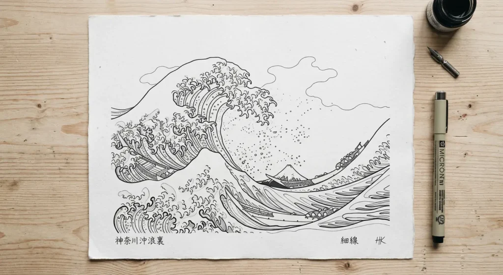 great wave hokusai inspired fine line tattoo design