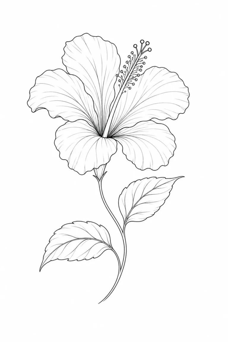 Hand drawn fine line hibiscus tattoo stencil with open bloom, stamen detail, and two leaves on white background