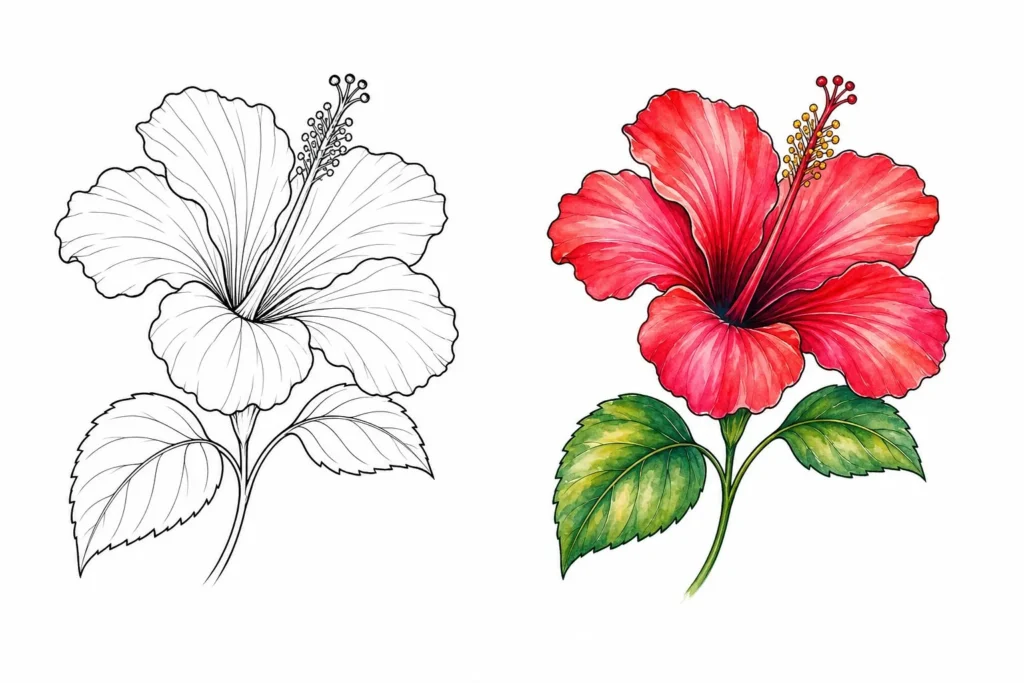 Hibiscus tattoo comparison showing black linework version next to full color red and pink version