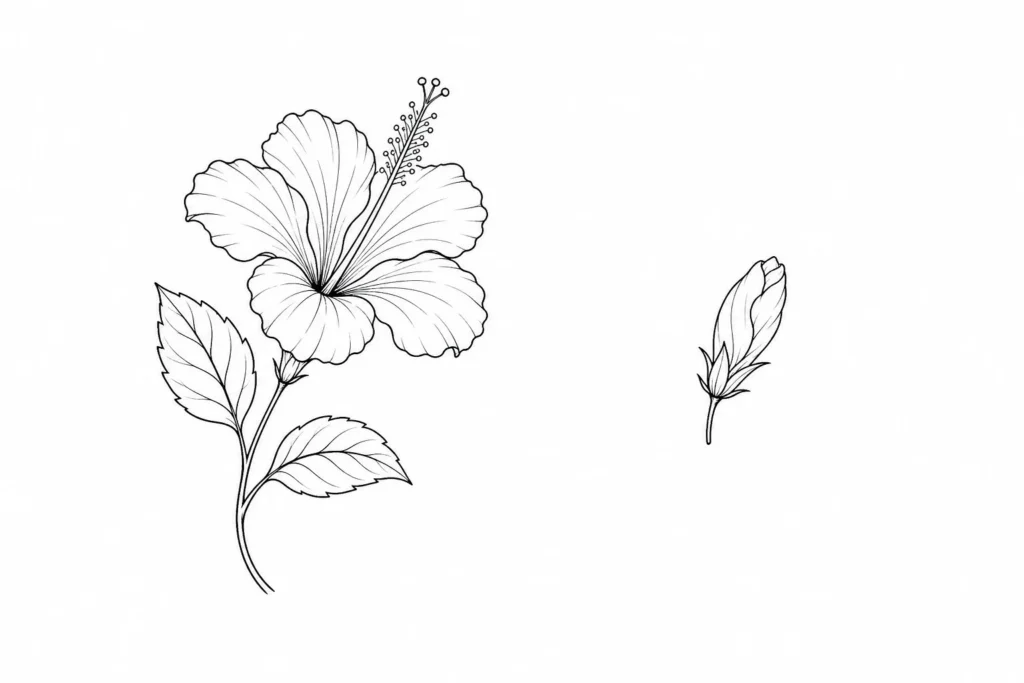 Free printable hibiscus tattoo stencil PDF showing full sprig version and tiny bud version side by side