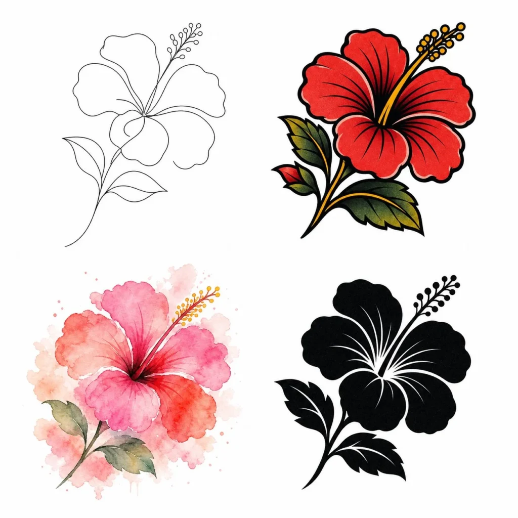 Four different hibiscus tattoo styles - minimalist single-line, American traditional, watercolor, and blackwork designs