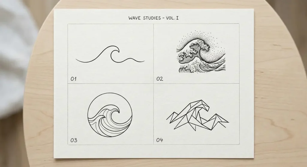 minimalist and fine line wave tattoo designs hand drawn

