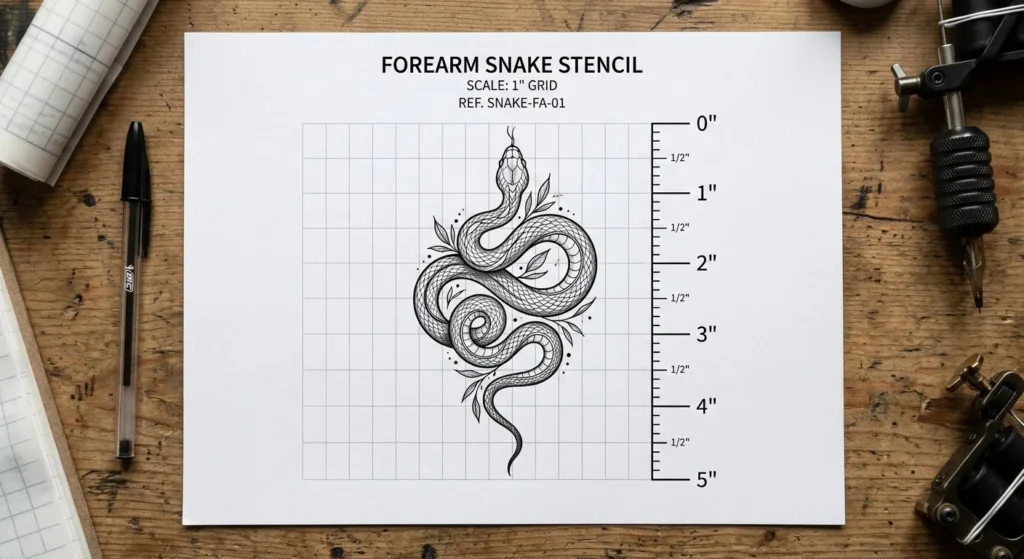 free snake tattoo stencil printable PDF forearm design preview download
