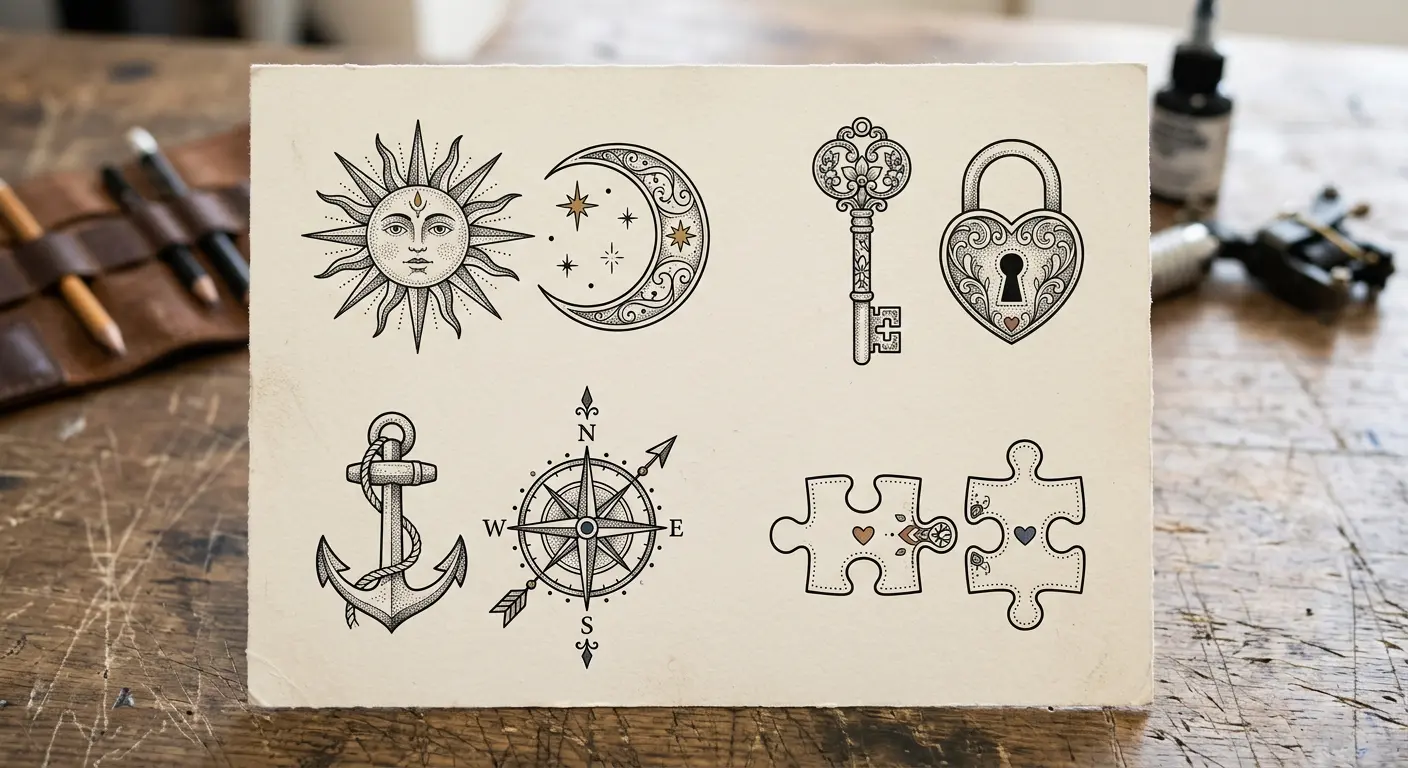 complementary best friend tattoo pairs including sun moon lock key and anchor compass