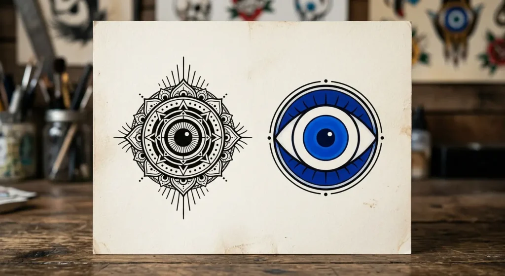 evil eye tattoo black linework and blue nazar versions