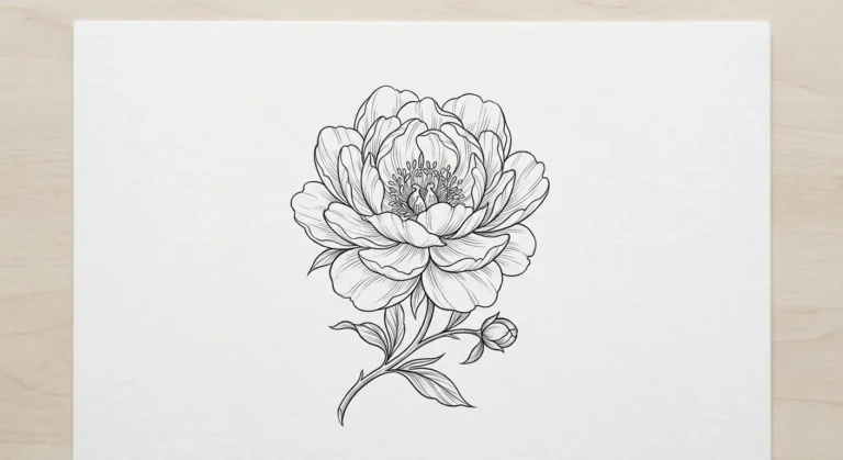 hand-drawn fine-line peony tattoo stencil free download