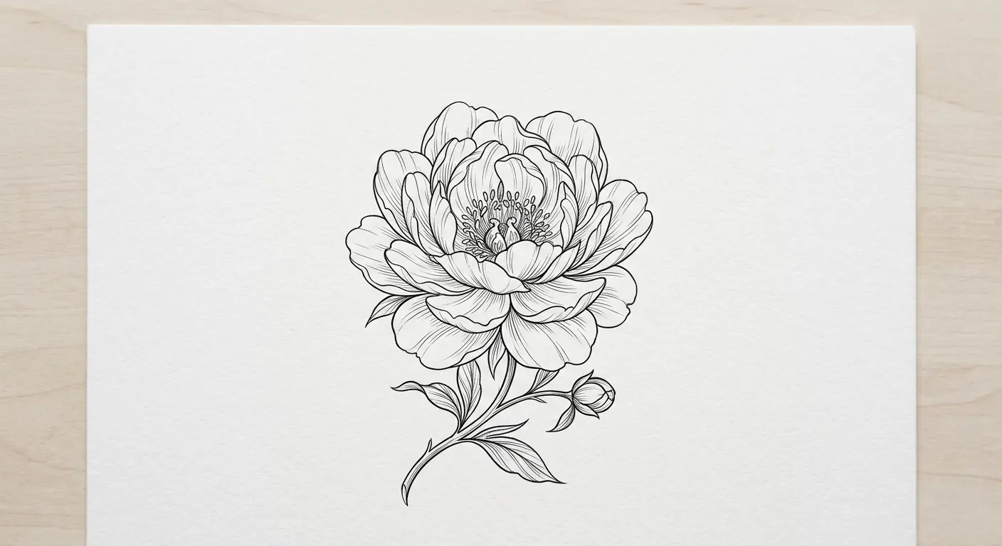 hand-drawn fine-line peony tattoo stencil free download