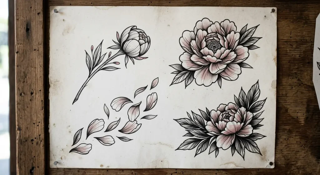 peony tattoo ideas showing a bud, full bloom, falling petals and leaves