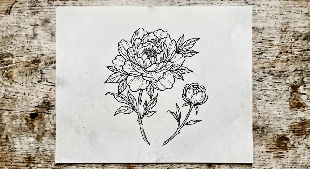 free printable peony tattoo stencil with open bloom and bud versions